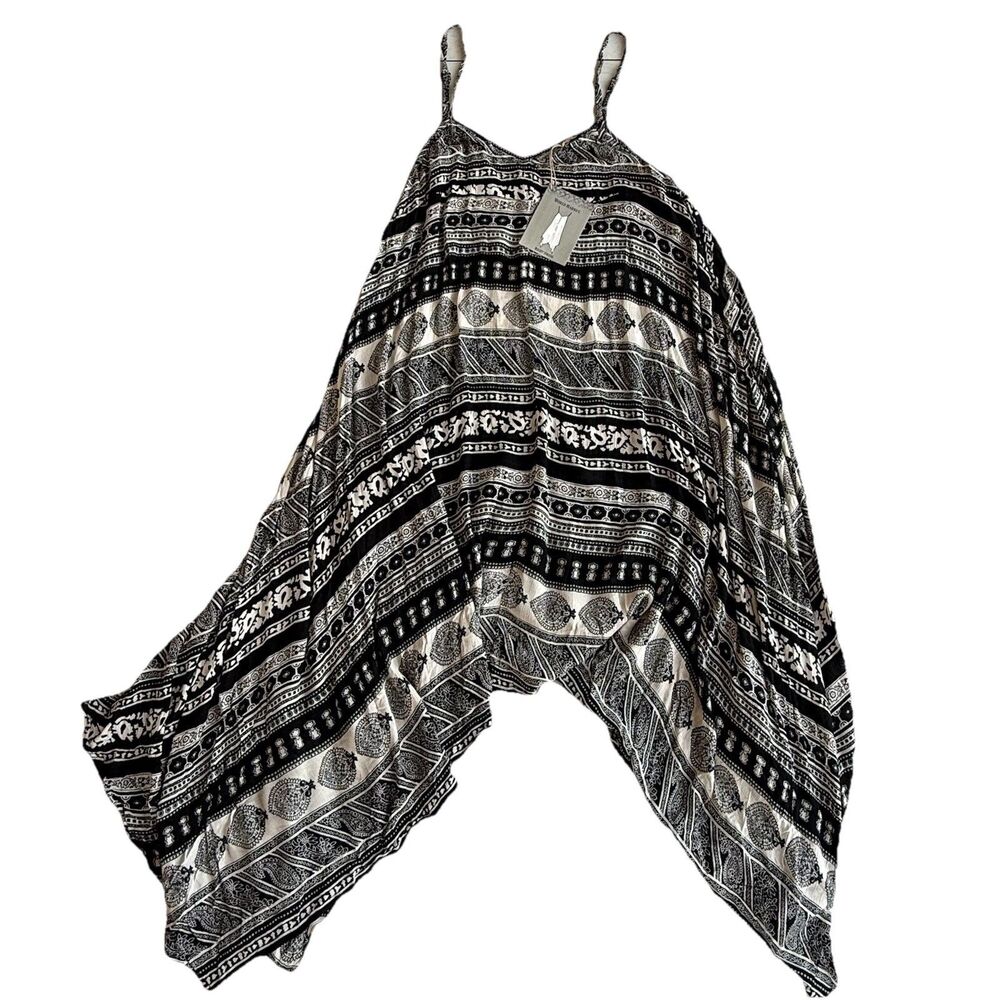 World Market Riley Dress Women’s L/XL Boho Black & Cream Rayon Handkerchief Hem